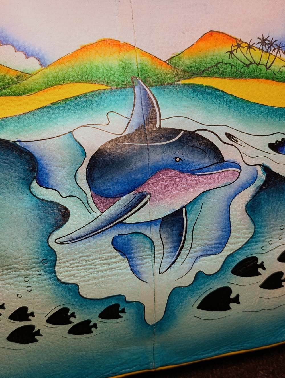 Sukriti Hand-Painted Leather Dolphin Tote Bag-17" x 12" - Picture 4 of 8